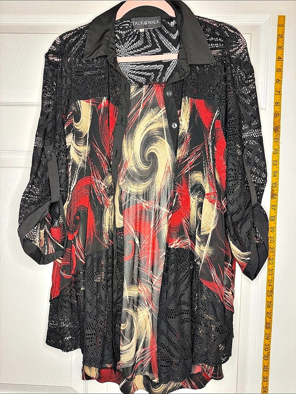 Talk of the Walk Abstract Lace Overlay Top in Black,Red,Gold